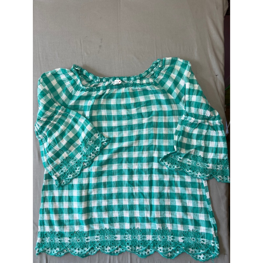Intro Green Gingham Eyelet Lace Trim Cotton Blouse Bell Sleeve Top L 42417